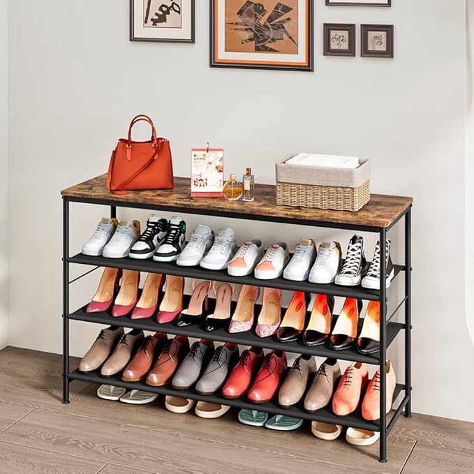 INGIORDAR Shoe Rack Organizer 5 Tier Metal Organizer Shelf with Industrial MDF Board and Layer Fabric for Entryway Closet Bedroom Living Room Garage (Black+Rustic Brown, 4 Tier(47.2" W))