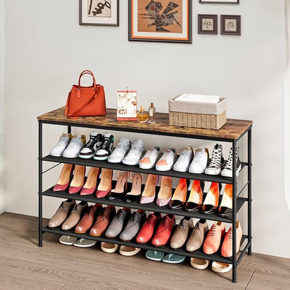 INGIORDAR Shoe Rack Organizer 5 Tier Metal Organizer Shelf with Industrial MDF Board and Layer Fabric for Entryway Closet Bedroom Living Room Garage (Black+Rustic Brown, 4 Tier(47.2" W))