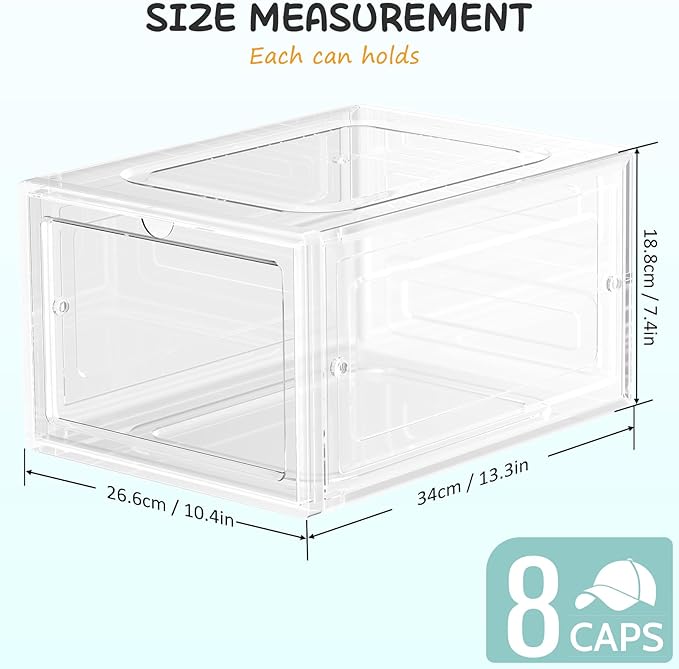 SCAVATA 6 Pack Hat Organizer Box, Stackable Clear Baseball Caps Holder Box Containers with Magnetic Door for Hats Snapback Cap Storag, Hat Rack Display Case, Holds 8 Hats Each (Clear)