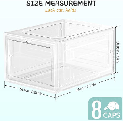 SCAVATA 6 Pack Hat Organizer Box, Stackable Clear Baseball Caps Holder Box Containers with Magnetic Door for Hats Snapback Cap Storag, Hat Rack Display Case, Holds 8 Hats Each (Clear)