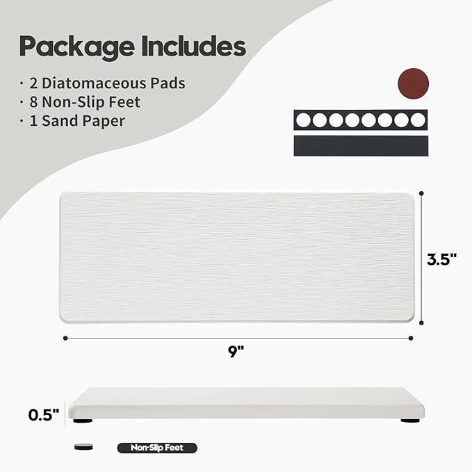 2PCS White Water Absorbing Diatomite Stone Drying Soap Dish Sink Vanity Tray for Bathroom/Kitchen Counter, Sponge Holder Mat Dispenser Rack Faucet Splash Guard Caddy Organizer, 9"x3.5"