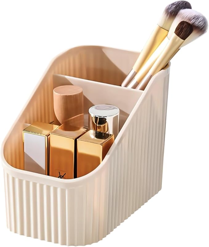 DASITON Large Capacity Makeup Brush Holder,3 Slots Makeup Brush Cup,Vintage striped Make Up Brush Holder,for Vanity Decor,Bathroom Countertops,Desk Storage Container,Cosmetic Display cases(Cream)