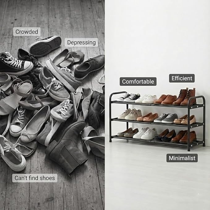 3-Tier Expandable Shoe Rack, 9.4" Ultra-Slim Metal Shoe Shelf for Entryway & Closet, 17.3"-31.5" Adjustable Length, Narrow Space-Saving Shoe Organizer for Dorm, Apartment