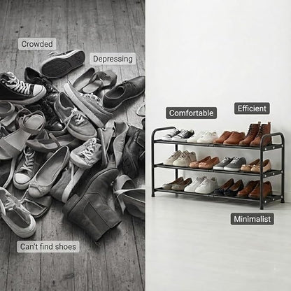 3-Tier Expandable Shoe Rack, 9.4" Ultra-Slim Metal Shoe Shelf for Entryway & Closet, 17.3"-31.5" Adjustable Length, Narrow Space-Saving Shoe Organizer for Dorm, Apartment