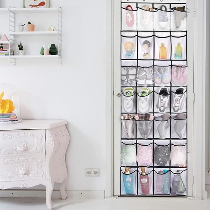 Veemoon 28-pocket over Door Storage Bag White Mesh Organizer Large Capacity Hanging Closet Door Organizer for Shoes and Accessories Space-saving Hanging Storage for Entryway and Home