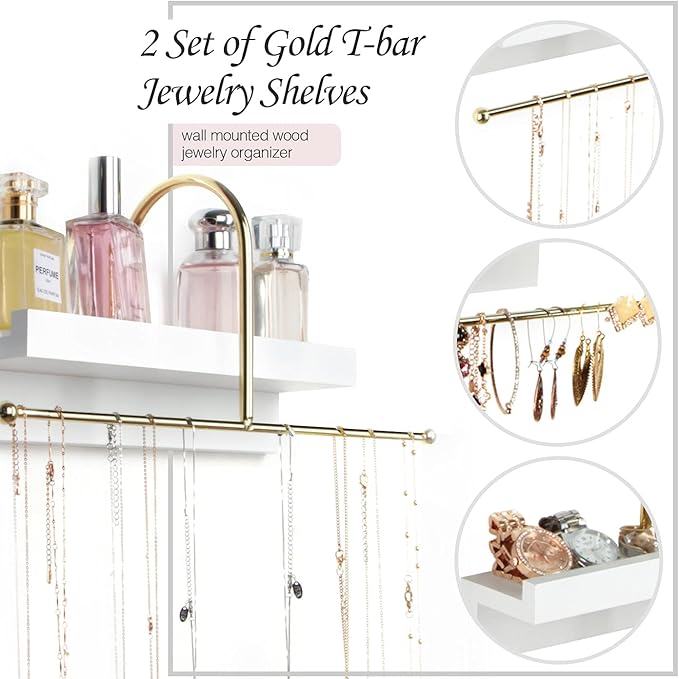 J JACKCUBE DESIGN Gold and White Wall Mounted Hanging Jewelry Organizer Holder Set of 2 for Necklaces, Rings, Bracelets and Earrings with White Display Shelf- MK692A