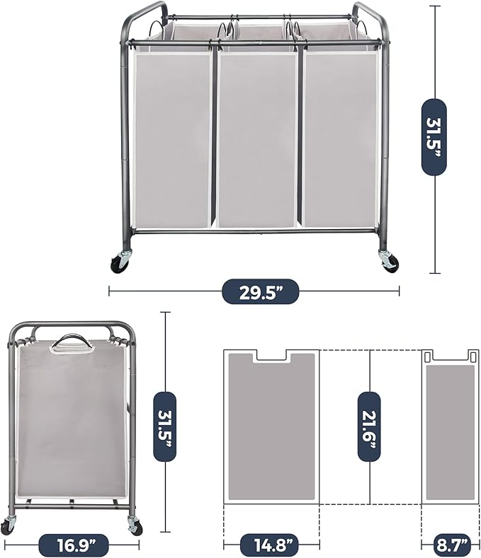 STO STO Laundry Sorter 3 Section, 3 Bag Clothes Hamper, Rolling Laundry Cart Basket with Heavy Duty Lockable Wheels and Removable Bag for Laundry Room, Bedroom, Closet, Gray