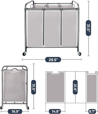 STO STO Laundry Sorter 3 Section, 3 Bag Clothes Hamper, Rolling Laundry Cart Basket with Heavy Duty Lockable Wheels and Removable Bag for Laundry Room, Bedroom, Closet, Gray