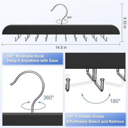 RESOVO Upgraded Tie Rack Hanger with 20 Foldable Metal Hooks, Space Saving Necktie Organizer for Men – Large Capacity Tie and Belt Wooden Hanger for Closet - Black 2 Pack