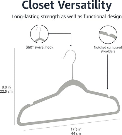 Amazon Basics Slim Velvet Non-Slip Space Saving Suit Clothes Hangers for Closet Organization, Gray/Silver, 100-Pack
