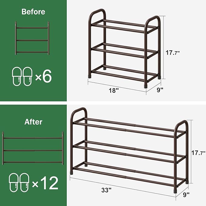 kiplant Expandable Shoe Rack for Closet, 3-Tier Shoe Organizer for Closet, Metal Adjustable Black Shoe Shelf Storage Organizer, Free Standing Shoe Rack for Entryway