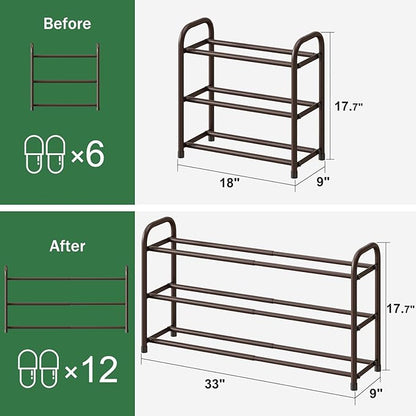 kiplant Expandable Shoe Rack for Closet, 3-Tier Shoe Organizer for Closet, Metal Adjustable Black Shoe Shelf Storage Organizer, Free Standing Shoe Rack for Entryway