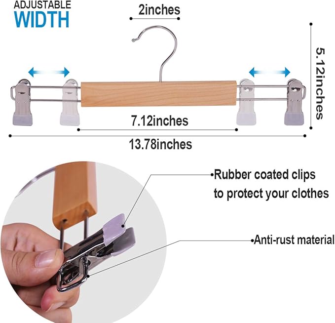 Wooden Pants Hangers 12Packs, Skirt Hangers with Adjustable Clips, Non Slip Wood Clothes Hangers with Clips, Space Saving Hangers for Pants Skirts Trousers Slacks Jeans