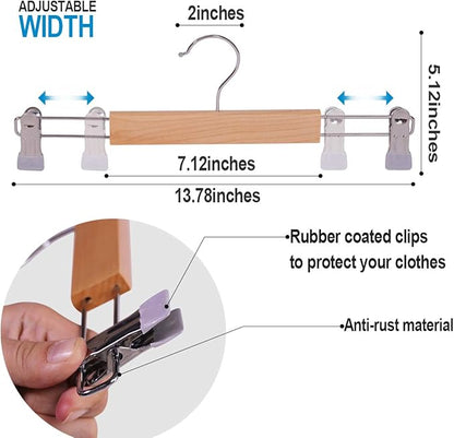 Wooden Pants Hangers 12Packs, Skirt Hangers with Adjustable Clips, Non Slip Wood Clothes Hangers with Clips, Space Saving Hangers for Pants Skirts Trousers Slacks Jeans