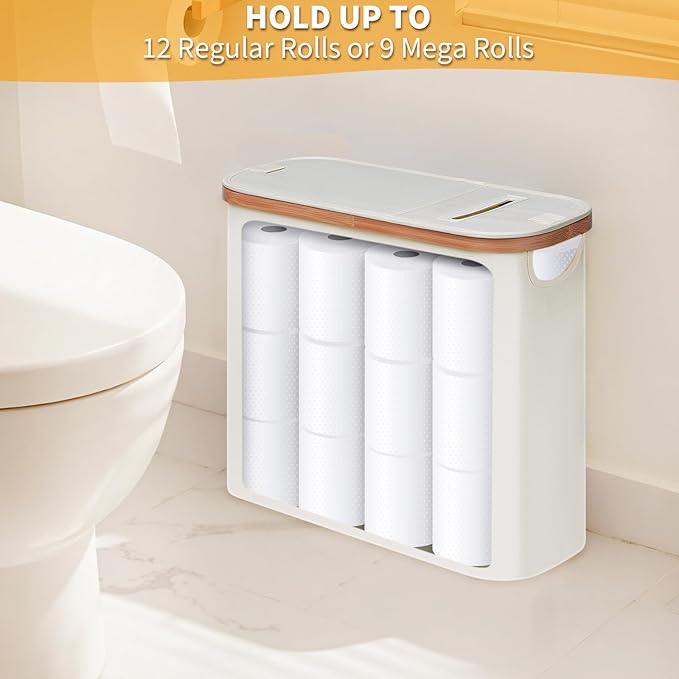 efluky Toilet Paper Storage and Holder 2 in 1, Toilet Paper Storage with Lid for Bathroom 28L, Free Standing Holder Organizer Holds Up to 9-12 Rolls, Beige