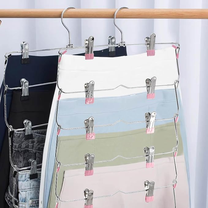 Skirt Pants Hangers with Clips,6Tier Skirt Hangers Space Saving,Metal Multi Pants Hangers and Storage Multi Clothes Shorts Hanger Organization,Space Saving Hangers with Clips (Pink, 4-Piece Set)