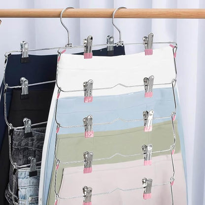 Skirt Pants Hangers with Clips,6Tier Skirt Hangers Space Saving,Metal Multi Pants Hangers and Storage Multi Clothes Shorts Hanger Organization,Space Saving Hangers with Clips (Pink, 4-Piece Set)
