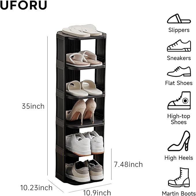 UFORU Vertical Shoe Rack, 6-Tier Plastic Stackable Storage Shelf for Small Closets and Narrow Spaces, Compact Free Standing Shoe Racks for Entryway Bedroom Dormitory