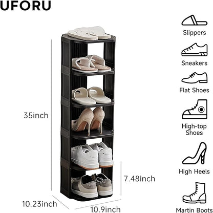 UFORU Vertical Shoe Rack, 6-Tier Plastic Stackable Storage Shelf for Small Closets and Narrow Spaces, Compact Free Standing Shoe Racks for Entryway Bedroom Dormitory