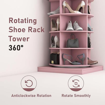 Rotating Shoe Rack Tower, 360-Degree Circular Storage Organizer for Shoes and Handbags, Vertical Space-Saving Cabinet for Entrance Hall, Independent Rotating Shoe Shelf（B-Pink）