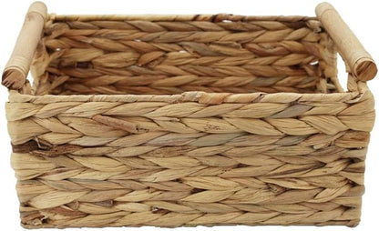 Storage Basket made by Water Hyacinth with Wood Handles, Arts and Crafts. (Medium)