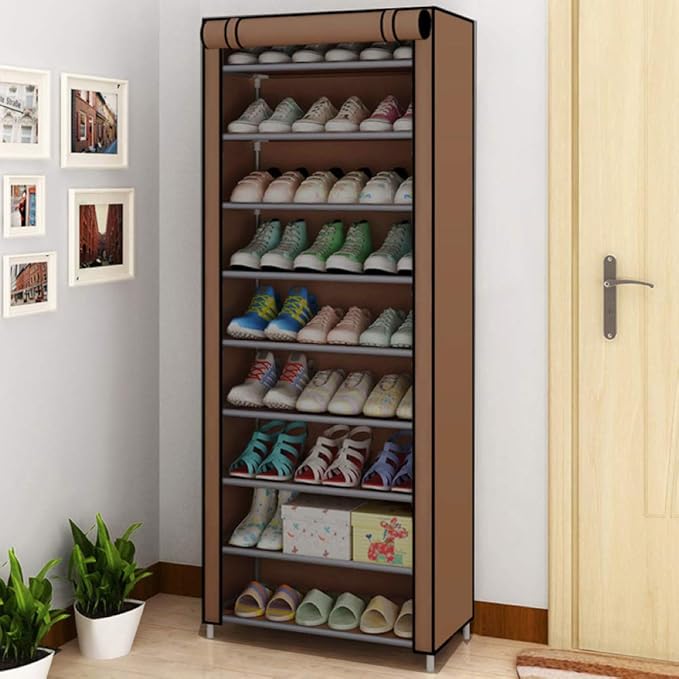 GREEF 10-Tier Large Shoe Rack with Dustproof Non Woven Fabric Cover Closet Shoe Storage Organizer Cabinet Shoe Tower for Entryway Bedroom Dorm Room Closet (Brown)