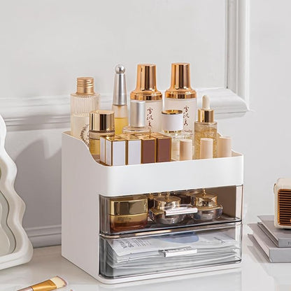 Makeup Organizer for Vanity,Vanity Organizer with 2 Drawers,Makeup&Skincare Organizers Countertop,Cosmetic Display Case,Vanity Storage Box(White)