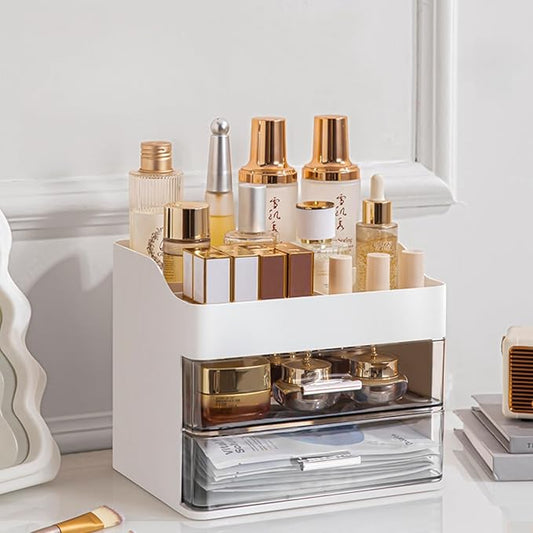 Makeup Organizer for Vanity,Vanity Organizer with 2 Drawers,Makeup&Skincare Organizers Countertop,Cosmetic Display Case,Vanity Storage Box(White)