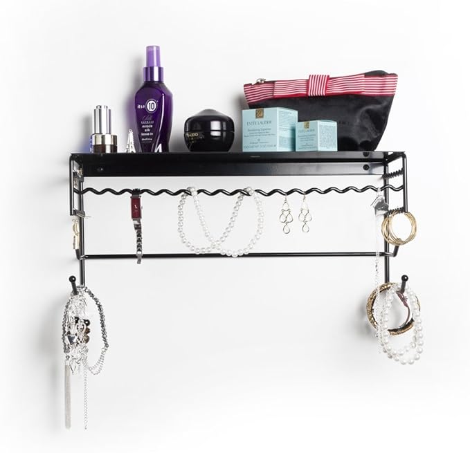 Mango Steam Black 17" Wall Mount Jewelry & Accessory Storage Rack Organizer Shelf for Earrings, Bracelets, Necklaces, & Hair Accessories