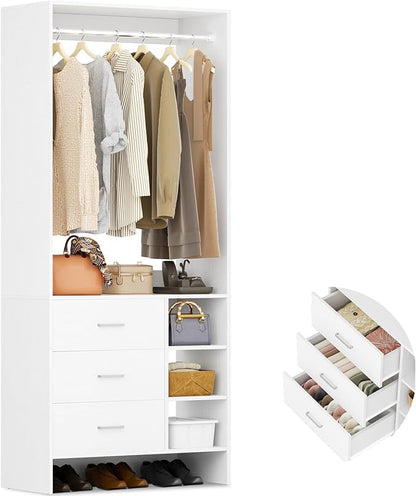 Aheaplus 2.5FT Closet System with 3 Drawers, 29.5’’ Closet Organizer, Wood Closet Organizer System, Walk-in Closet or Small Closets Wardrobe, Clothes Rack with Hanging Rods,-E6, White