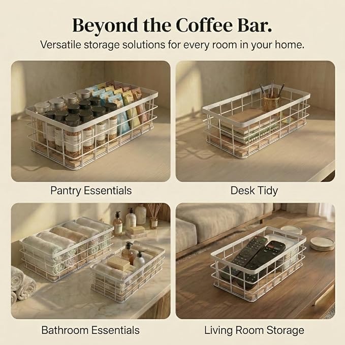 2-Pack White Coffee Pod Holder Basket with Wooden Base - Minimalist Cpffee Pod Organizer for Coffee Station, High-Capacity Wire Capsule Storage for Kitchen Countertop Office