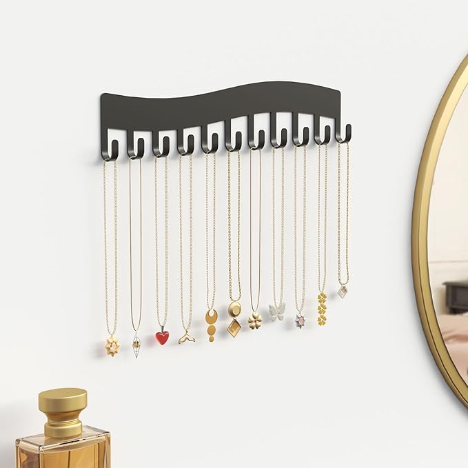 Wall Necklace Organizer Holder: Wall Mounted Jewelry Hanging Storage Necklaces Display Hanger Black