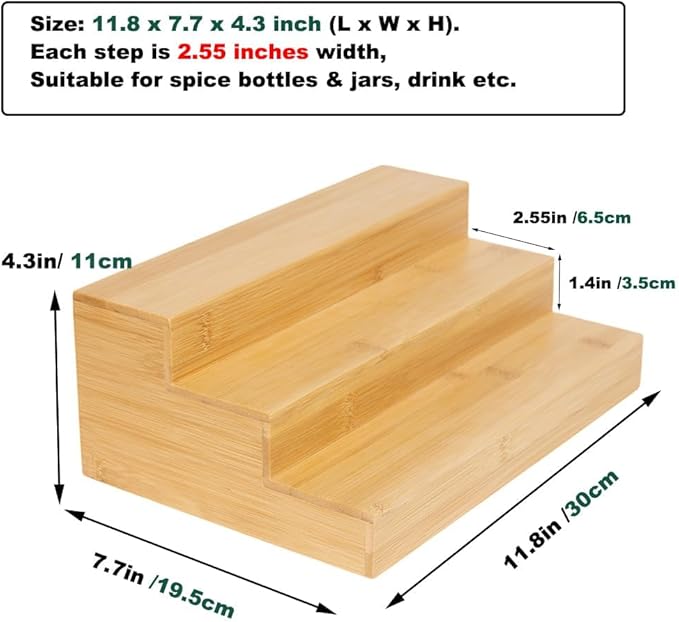 2 Pack Bamboo Spice Rack Organizer for Cabinet Wooden Spice Shelf for Kitchen Pantry Storage Organizer 3 Tier Countertop