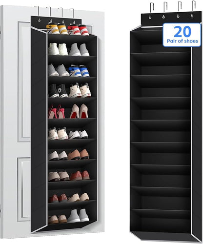 REGELETO 10 Tiers Large Size Over the Door Shoe Organizer Storage, Hanging Shoe Rack for Door with Deep Pockets, Fit 20 Pairs Shoe Organizer Holder for Sneakers and Boots (Black)
