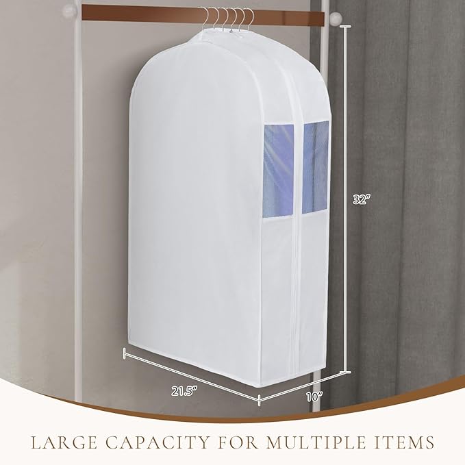 Univivi Premium Cotton Garment Bags for Hanging Clothes, 32 Inch Washable Suit Bags for Closet Storage with Extra Large 10" Gusset & Clear Window - Perfect for Shirts, Short Skirt - 4 Pack