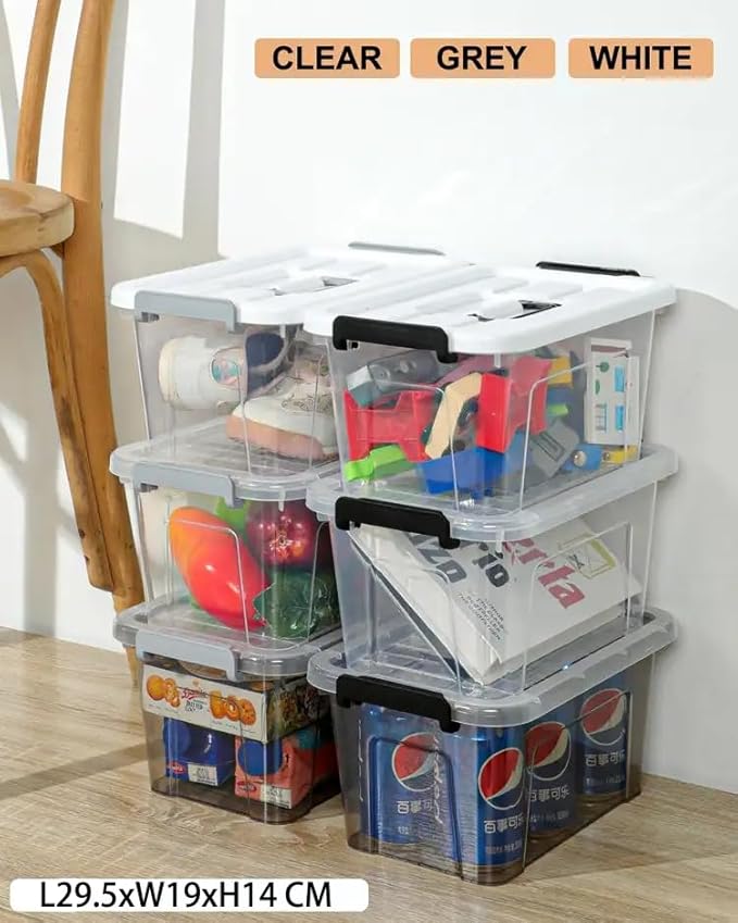 AREYZIN Plastic Storage Bins With Lids,6 Pack Storage Organizer Bins,7 Quart Stackable Storage Basket with Lid and Gray Handle Buckle Easy for Home Office Organization,with Clear Lids