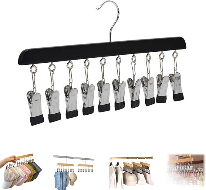 Closet Organizer with 10 Clips, Space Saving Hanging Closet Organizer, Legging Hanger for Closet Organizer with 10 Clip for Storing Jeans, Legging, Shorts (Black-10 Clips, 1PC)