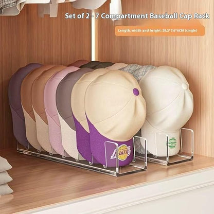 Acrylic Baseball Cap Organizer Rack 4-Pack - Holds 28 Hats, No Install Space Saving Display Stand for Closet, Bedroom, Entryway (Clear)