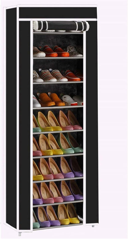 lapday 10 Tier Shoe Rack with Covers, Narrow Tall Shoe Shelf with Side Pocket, Free Standing Shoe Storage Cabinet for Closet Hallway,Bedroom,Entryway (Black), Large, US-2024