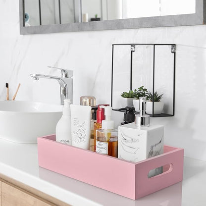 ALELION Pink Bathroom Basket for Organizing - Wooden Toilet Tank Paper Basket with Handle for Back of Toilet Tank Top Organizer - Pink Kitchen Bathroom Decor Accessories