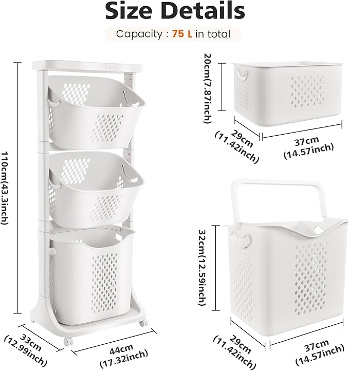 BAOKALER Rolling Laundry Hamper Cart with Wheels, 3 Tier White Laundry Baskets, Clothes Hamper with Portable Storage Baskets for Kitchens, Bathrooms, Bedrooms, Classrooms, Laundry Rooms(75L)