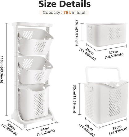 BAOKALER Rolling Laundry Hamper Cart with Wheels, 3 Tier White Laundry Baskets, Clothes Hamper with Portable Storage Baskets for Kitchens, Bathrooms, Bedrooms, Classrooms, Laundry Rooms(75L)