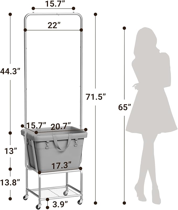 ELYKEN Laundry Cart with Hanging Rack, Rolling Laundry Hamper with Wheels, Laundry Basket with Removable Liner Bag and Shelf, Sturdy Metal Frame Dirty Clothes Basket for Hotel, Home, Closet, Dorm