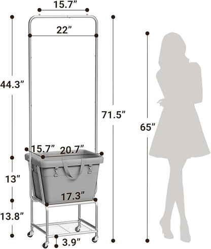 ELYKEN Laundry Cart with Hanging Rack, Rolling Laundry Hamper with Wheels, Laundry Basket with Removable Liner Bag and Shelf, Sturdy Metal Frame Dirty Clothes Basket for Hotel, Home, Closet, Dorm