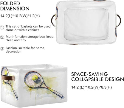 Large Storage Basket Tennis Ball Storage Bin Cube Canvas Fabric Organizer Handles Collapsible for Clothes Toys Bedroom Decorative