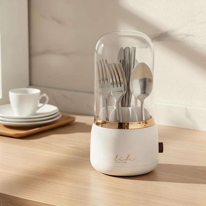 360° Rotating Silverware Organizer with Lid - 7 Slot Spoon Fork Utensil Holder for Kitchen Counter, Party Caddy with Drainage