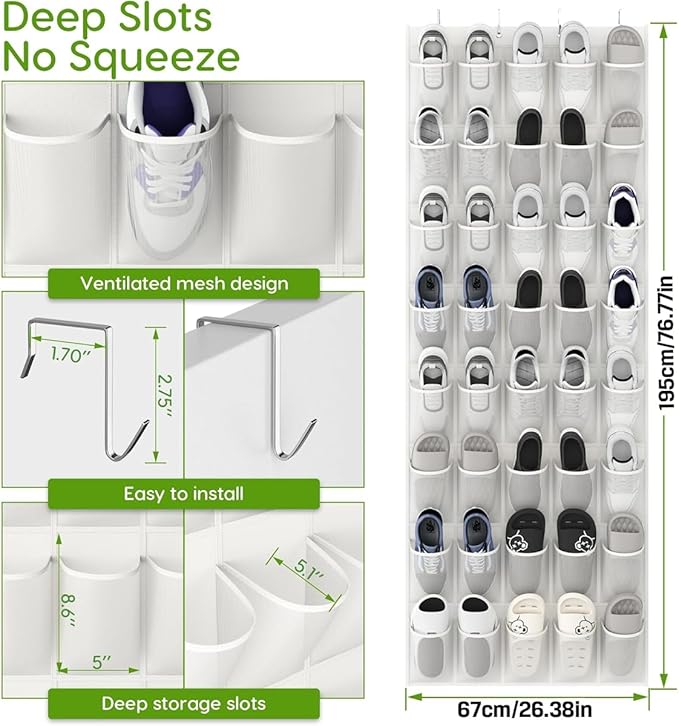 40 Over the Door Shoe Organizer Large Breathable Mesh Pocket Clear White Hanging Shoe Rack for Closet Behind Door Hanger Storage Holder 40-Pocket Over the Door Shoe Organizer