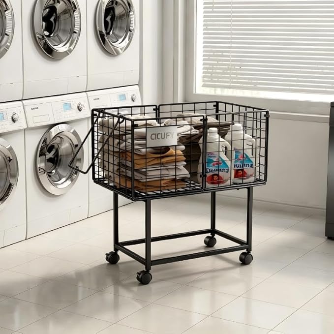 CICUFY Rolling Laundry Cart, 80L Wire Laundry Hamper Basket on Wheels, Dirty Clothes Basket with Handle, Metal Clothes Hamper Organizer for Laundry Room, Bathroom, Bedroom, Dorm, Black