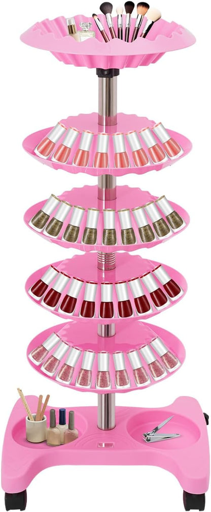 Nail Polish Trolley Display Stand, 5 Tiers Nail Polish Spinning Rack with Wheels, Hold up 120 bottles, Freestanding Nail Polish Storage Racks for Nail Salons, Home (Pink)