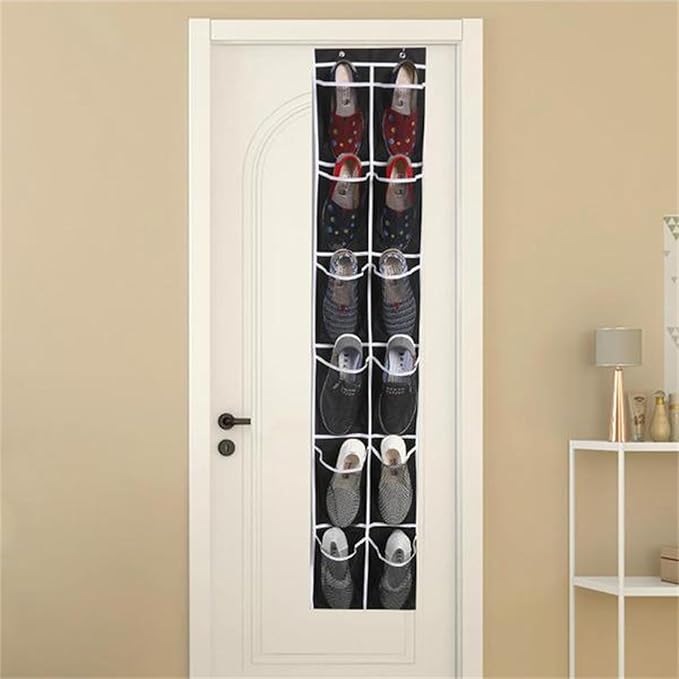 Over The Narrow Door Shoe Organizer With 12 Pockets Hanging Closet Door Space Saving Hanging Shoe Holder For Maximizing Shoe Storage(Black), 168x30cm